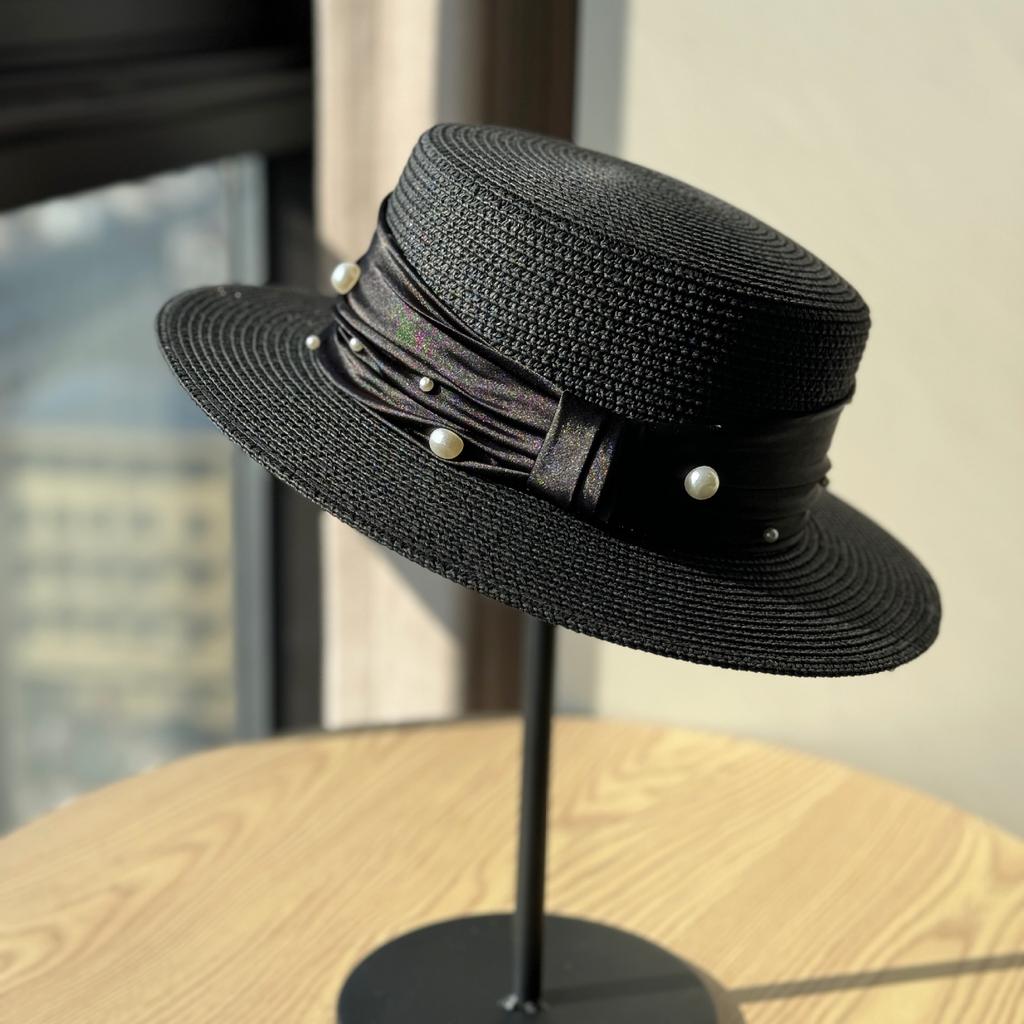 Retro French Pearl Flat Top Top Hat Women's Spring and Summer Travel Sunscreen Sunshade Straw Hat