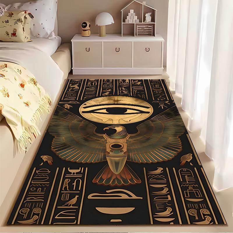 Area Rug, Eye of Horus Gold Eagle Falcon Egyptian Hieroglyphs Dark Print, Living Room Decor, Non-Slip Mat