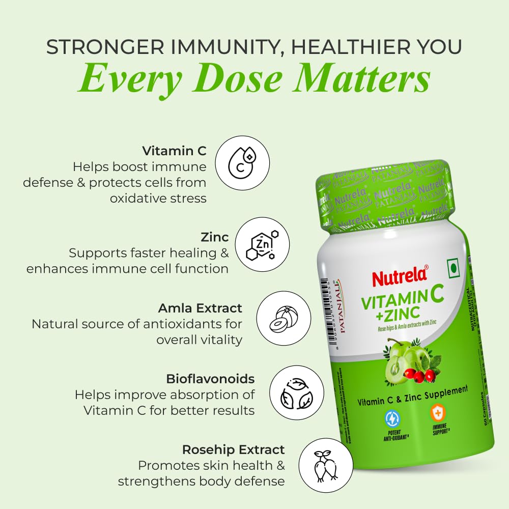 Nutrela Vitamin C and Zinc Capsules for Men & Women 60 Count Pack of 2 Immune Support & Skin Care