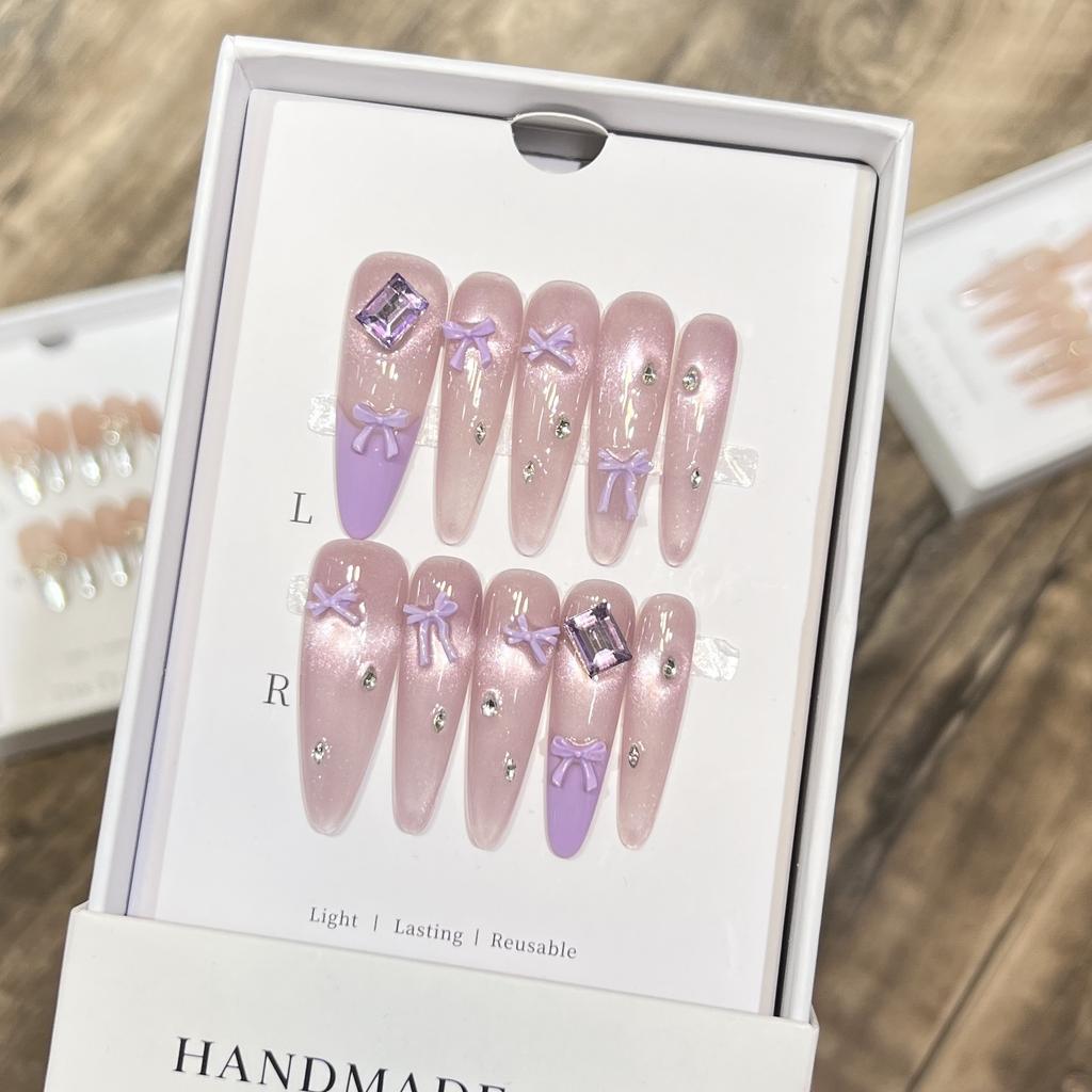 Literary Style Purple French Bow Cat Eye Nail Art Removable Nail Art Sticker Pure Hand-wearing Nail