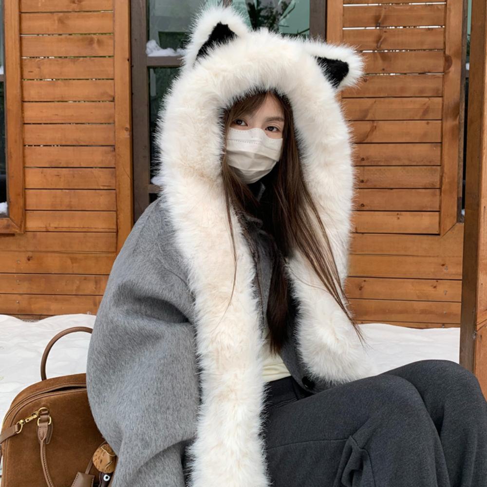 Windproof Plush Vixen Ear Beanie Hat Thicken Hooded Scarf Cute Integrated Cap Scarf Outdoor