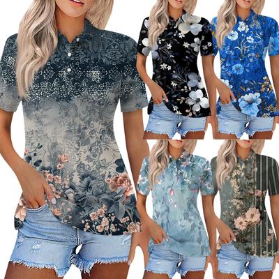Women's Fashion Casual Lapel Short Sleeve Printed Shirt Women's Button Up Tops