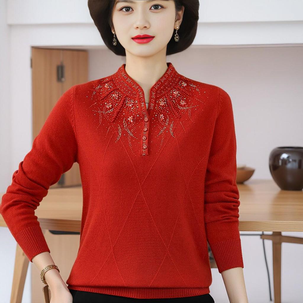 Elegant Knit Sweater Top for Middle-Aged Women: Autumn/Winter Loose Inner Layer