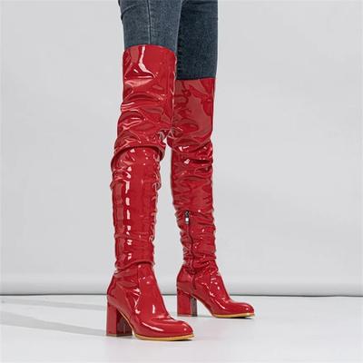 Women's Thigh High Boots Black Red Patent Leather Over The Knee Boots Round Toe Zippers Ladies Square Heel Sexy Party Long Shoes