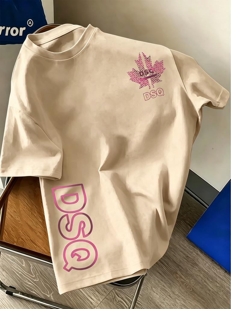 Unisex Streetwear T Shirt Pink Gradient Maple Leaf  Vertical Letter Front Print Crew Neck Black White Oversized Short Sleeve Top