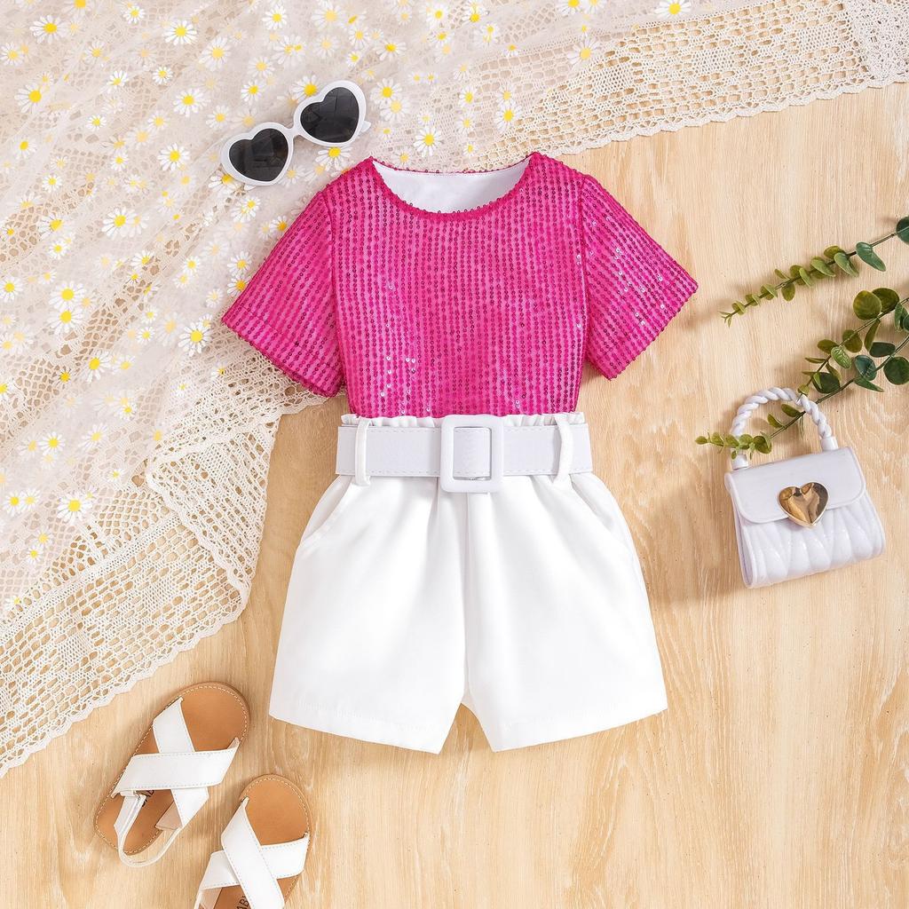 Girls Fashion Suit Summer Kids Sequin Short Sleeve T-shirt + Solid Color Shorts with Belt Suit