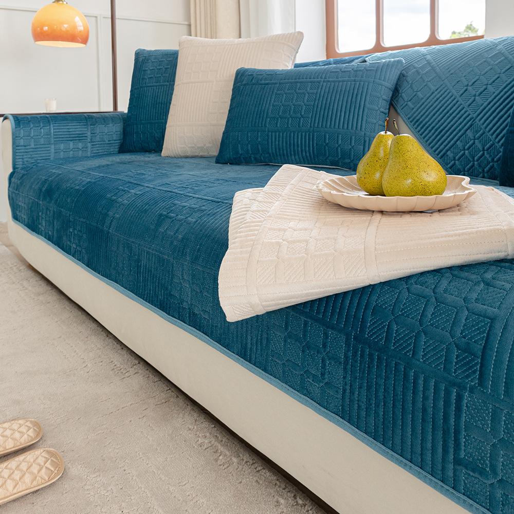 Nordic Simple Solid Color Modern Plush Sofa Cushion Four Seasons Universal Embroidery Non-Slip Seat Cushion Dutch Velvet Sofa Cover Towel