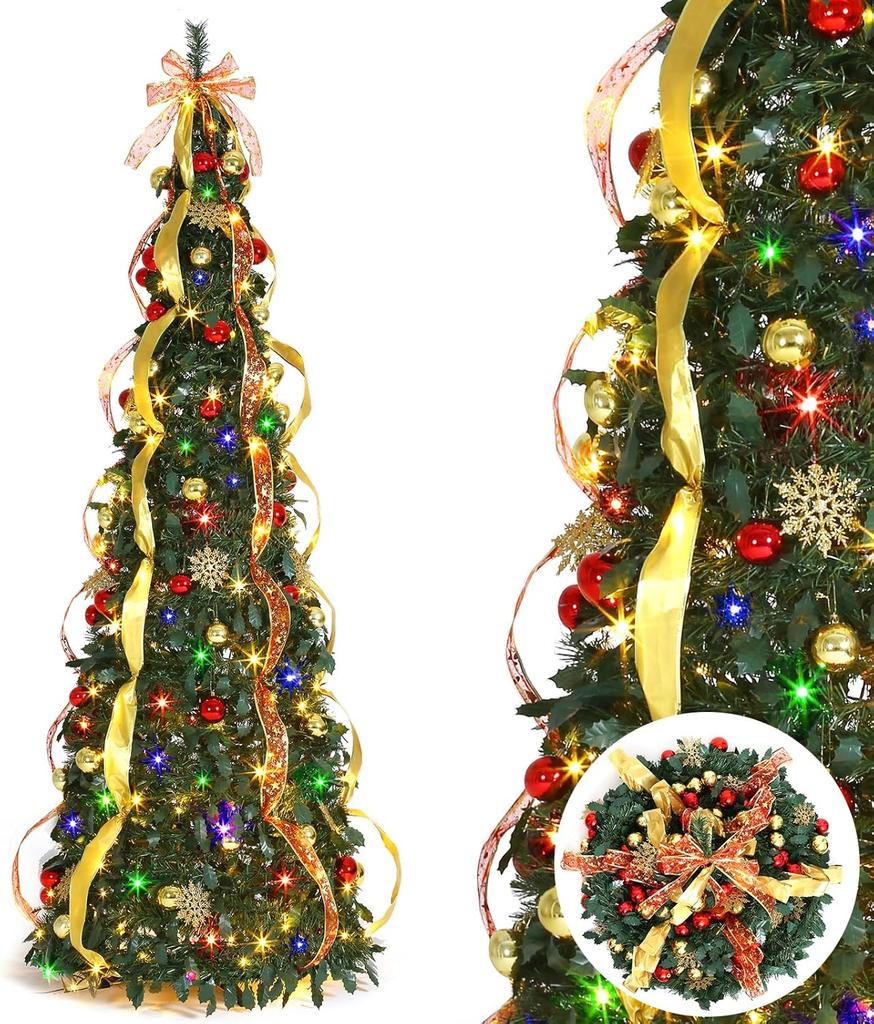 7ft Pre-Lit Christmas Tree with 200 Lights, Foldable & Easy Setup for Holiday Party