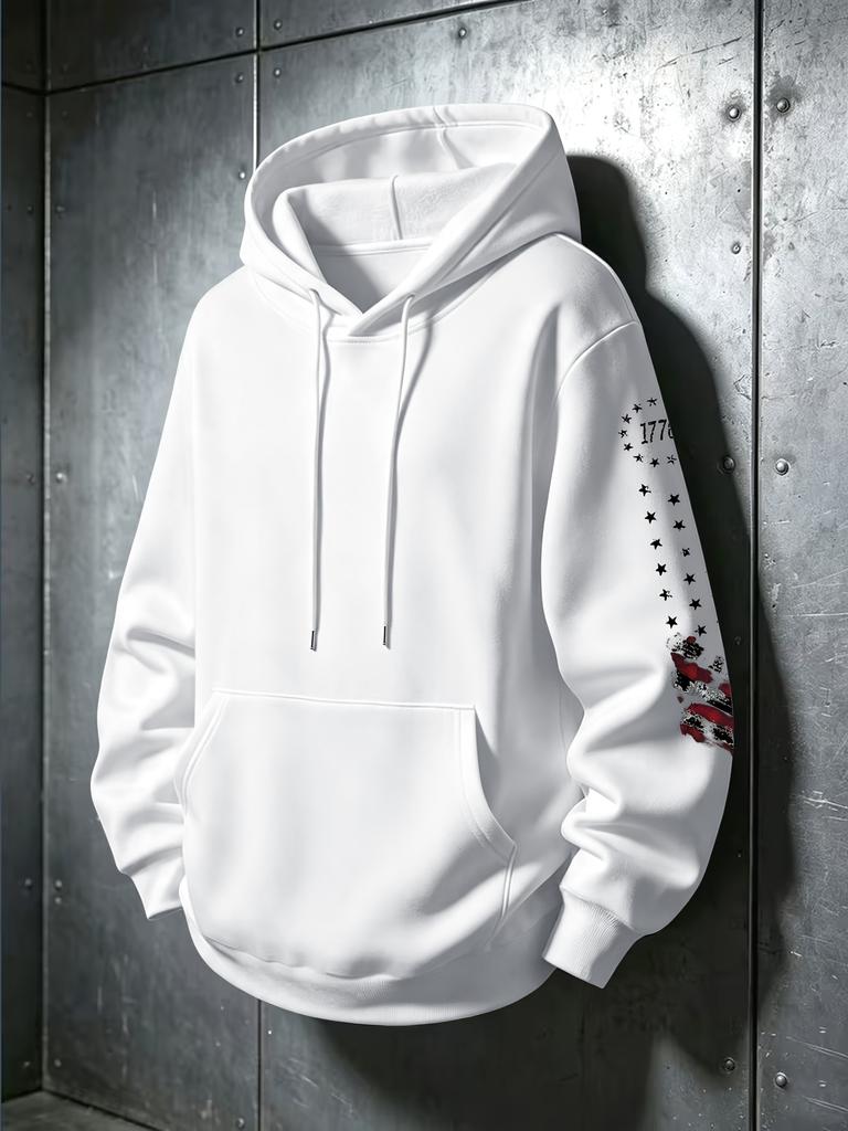 Men's American Flag Sleeve Graphic Hoodie, Patriotic Flag Sleeve Print Pullover Hooded Sweatshirt Casual Long Sleeve Top with Pocket