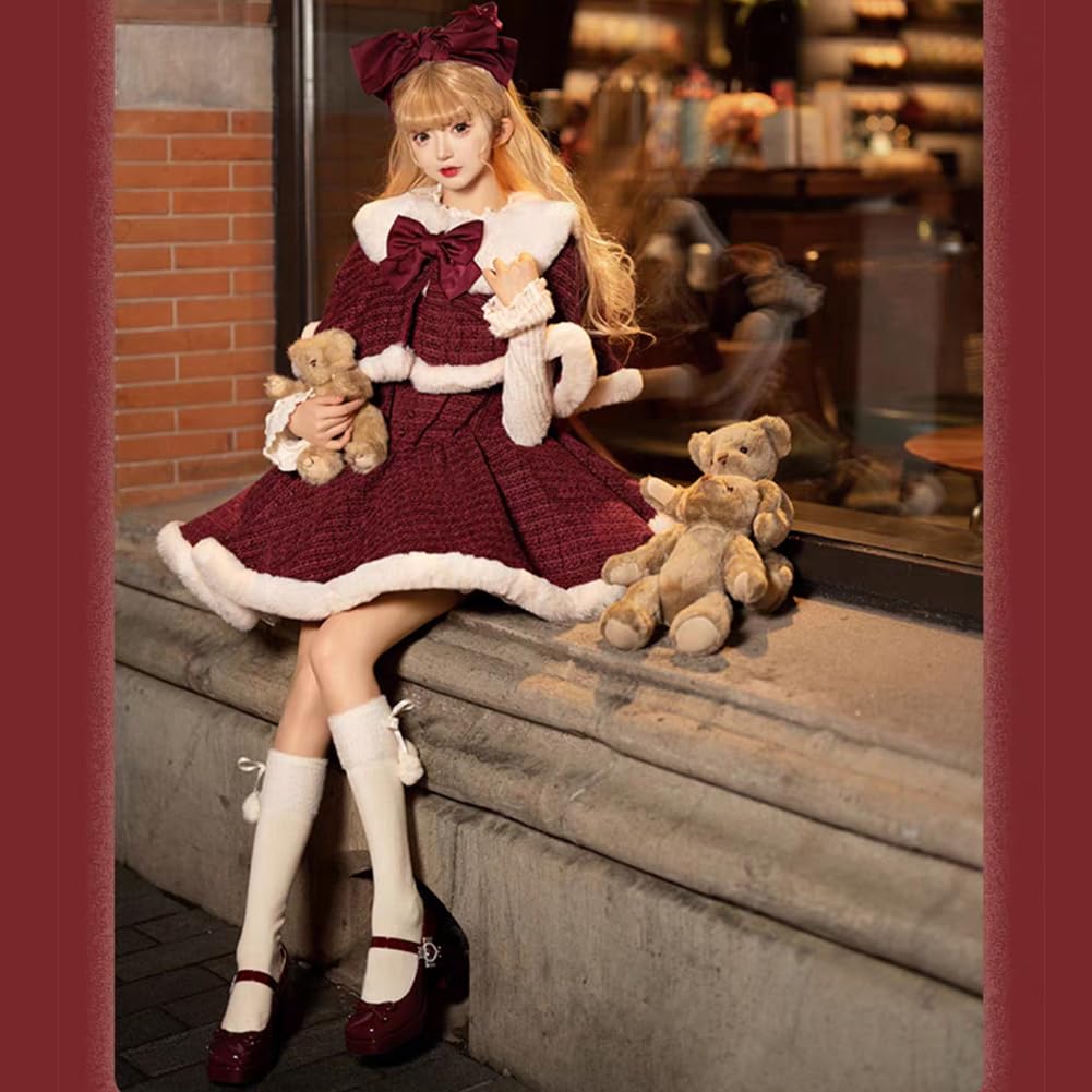 Christmas Camisole Fur Princess Santa New Everyday Wear [SDSXZWG] Women's 3-Piece Set Poncho, Dress, Blouse, Bowknot, Collar, Lapel, Mass-Produced
