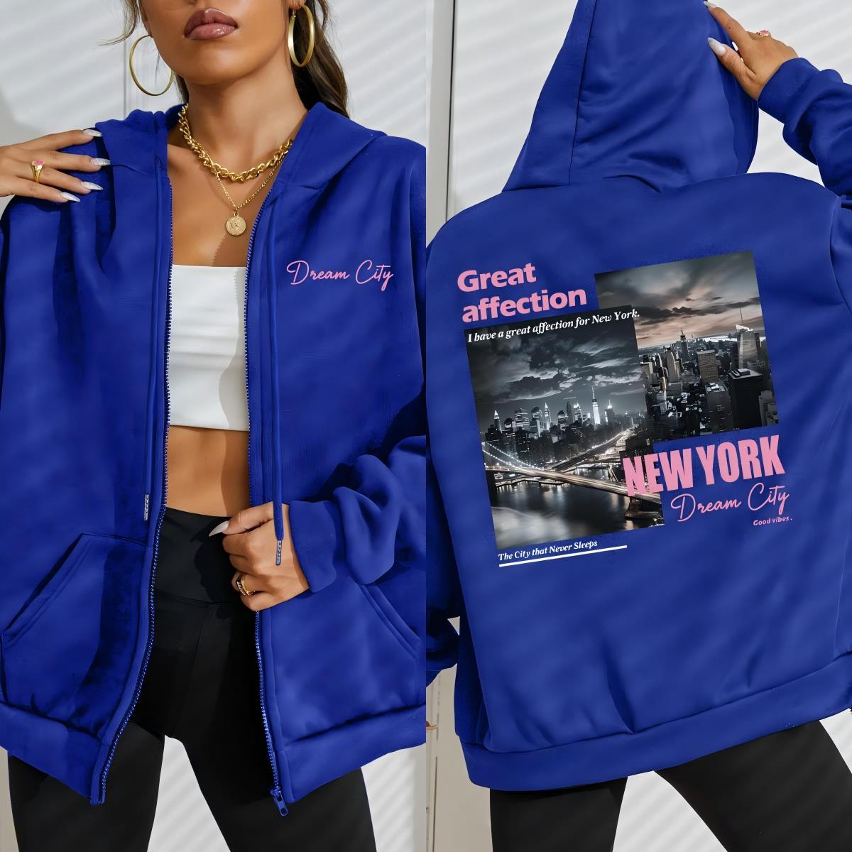 

Худи женское на молнии с принтом New York Dream City Great Affection, свободное, повседневное, уличное, флисовое, с карманом 3XL