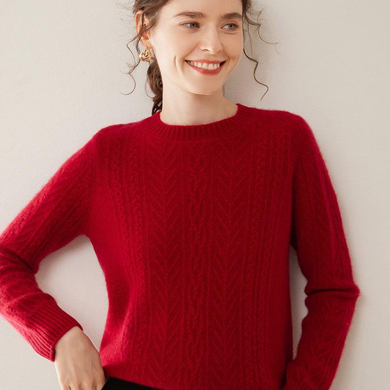 Women's Autumn/Winter Bamboo Leaf Twist Pattern Cashmere Knit Sweater - Round Neck, Loose Fit, Thick, Fashionable, Versatile
