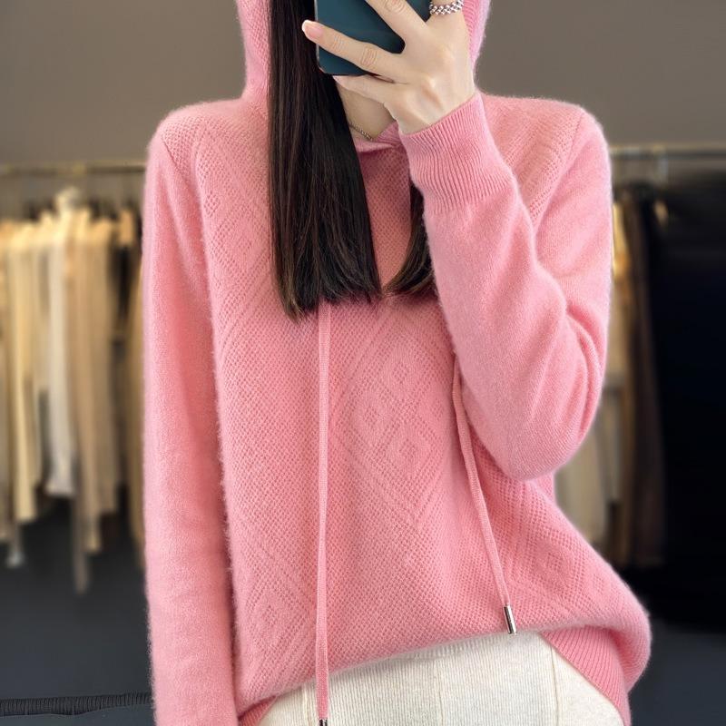 Frühling und Herbst Damen-Sweatshirt mit Kapuze, Strick-Sweatshirt, Damen mit Kapuze, lockerer und dünner, lässiger Zimtnadel-Pullover-Mantel