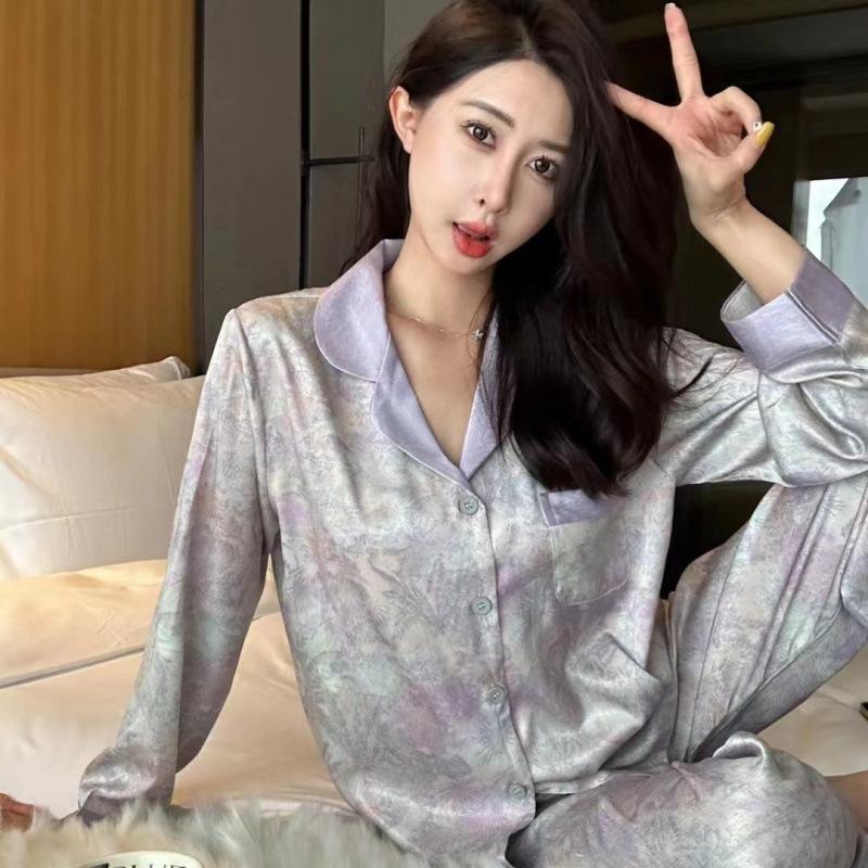 Pajamas women's ice silk spring and autumn new long-sleeved trousers ink painting satin high-end sweet wind loungewear suit