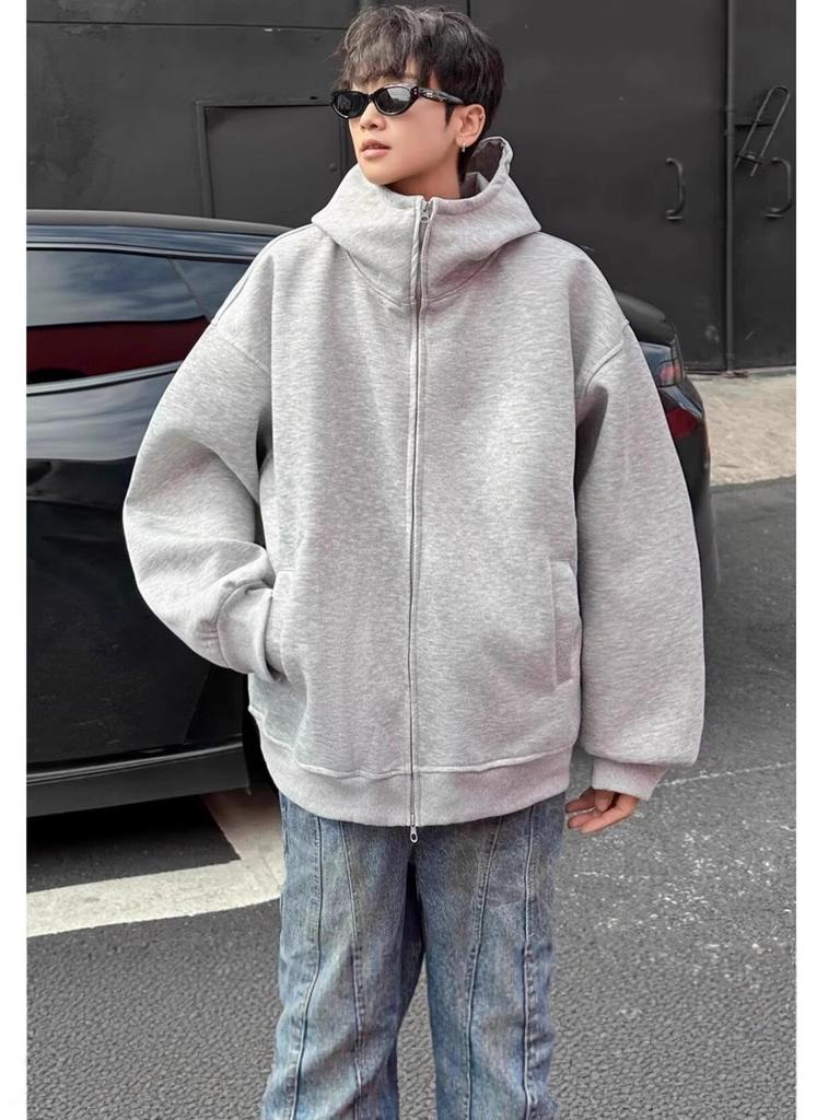 Autumn Men's Space Cotton Hooded Heavyweight Hoodie: Versatile Solid Color Jacket for Couples - Suitable for Spring and Autumn.