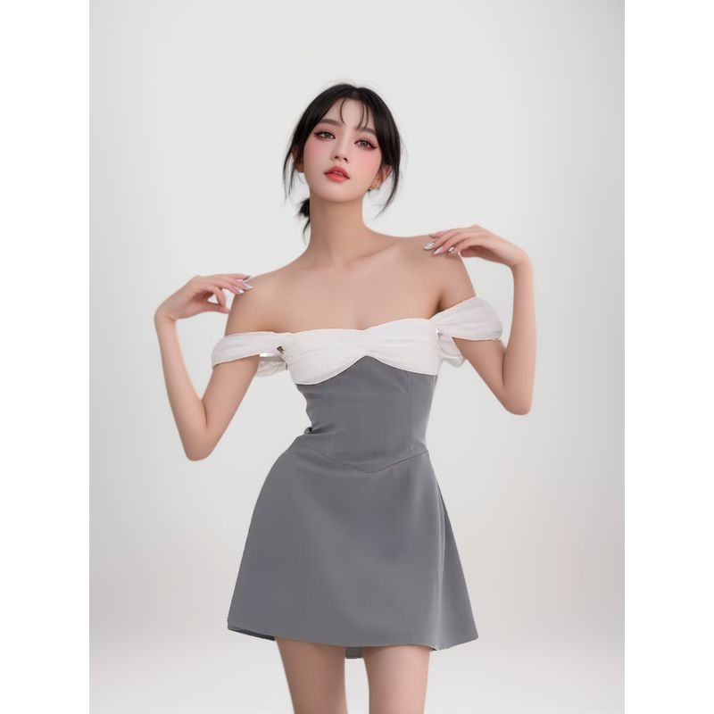 Sweet American Style Sexy Pure Desire Stylish off-Shoulder Contrast Color Patchwork Waist-Slimming Elegant A- Line Skirt Dress