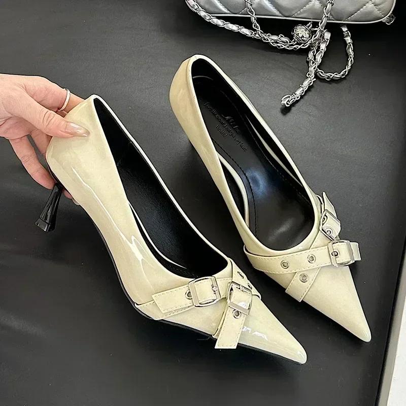 Fashion Elegant Patent Leather Metal Belt Buckle Designer Women Pumps Sexy Pointed Toe Thin High Heels High Quality Mary Jane Mules Shoe