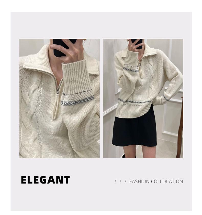 Autumn/Winter 2025 Women's High Neck Wool Cable Knit Sweater - Zipper, White/Gray, Warm Niche Design