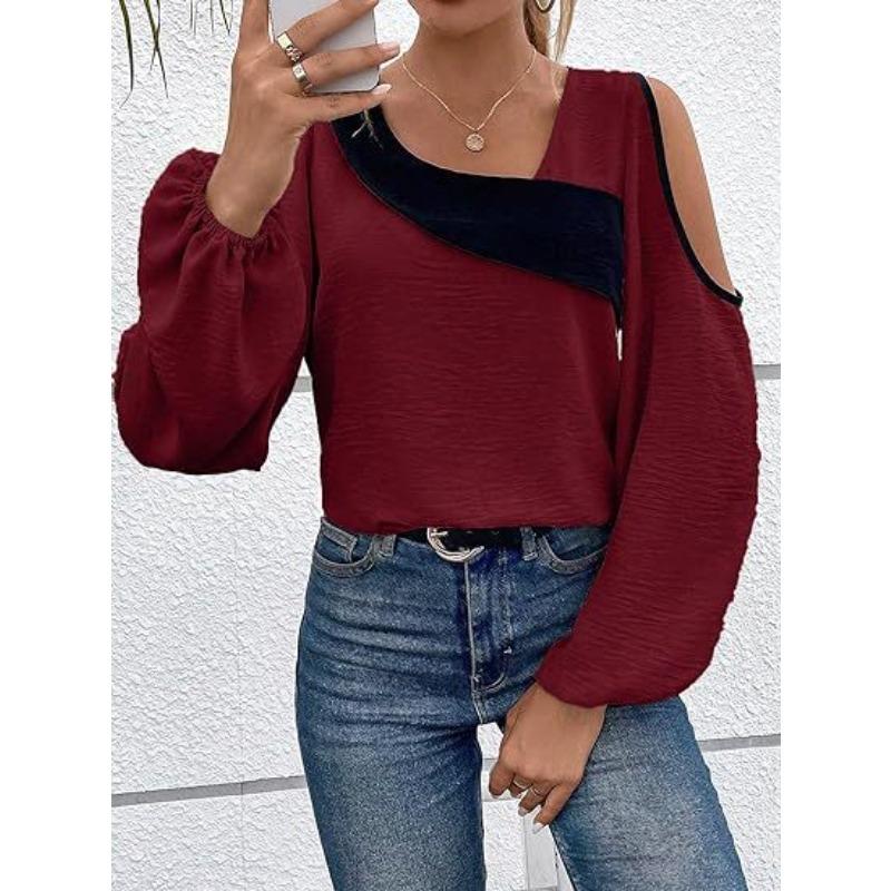 YYFS Moda damska Casual Wiosna Jesień Jednolity kolor Drukuj Bluzki i koszule z długim rękawem i dekoltem w kształcie litery V