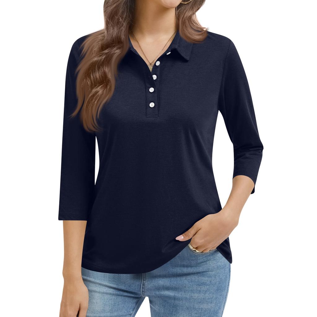 Women's Fashion Casual Lapel Short 3/4 Sleeve Color Shirt Women's Button Up Tops
