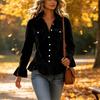 Women's Casual Top with Ruffle Trim Bell Sleeves Button Front Pockets