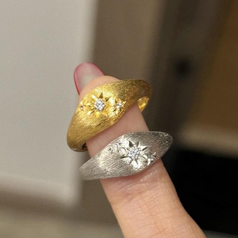 925 Silver Vintage Brushed Six Star Awn Female Ring with Diamonds Antique Gold Craftsmanship Star Rings for Women Jewelry