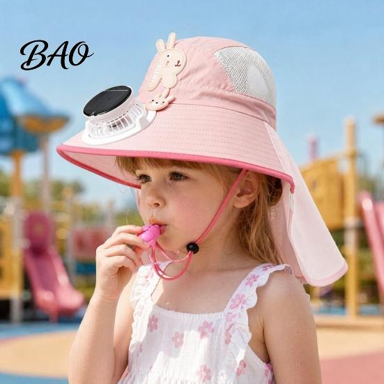 Breathable Mesh Sun Hat Kids Cap with Built-in Solar Fan, Wide Brim Protection Cooling Baby Hiking Hat, Fabric Summer Cartoon Pattern, Shawl