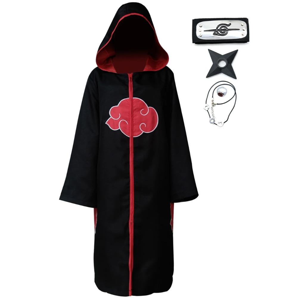 Akatsuki Uchiha Itachi Cloak for Kids Adult Long Black Robe Capes Halloween Carnival Cosplay Costume with Accessories