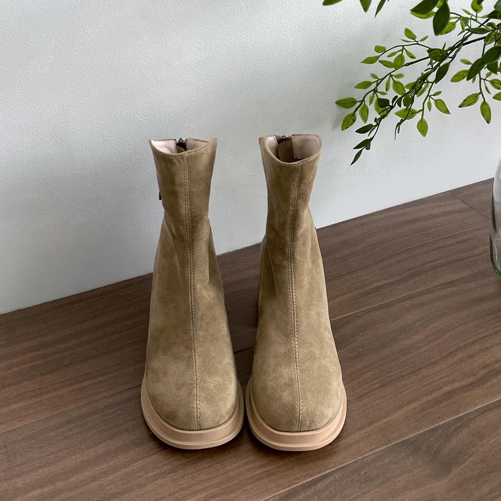 Retro Small Thick Heel Heightening Boots Women's  New Autumn Skirt Versatile Short Boots