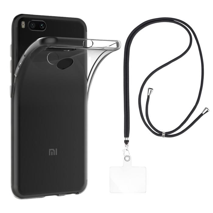 Coque et tour de cou pour Xiaomi MI A1 / MI 5X - TPU Souple Transparent Cordon Noir réglable Phonillico®