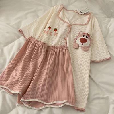 Conjunto de Pijama de Manga Corta con Pantalones Cortos y Solapa Estampada para Mujer