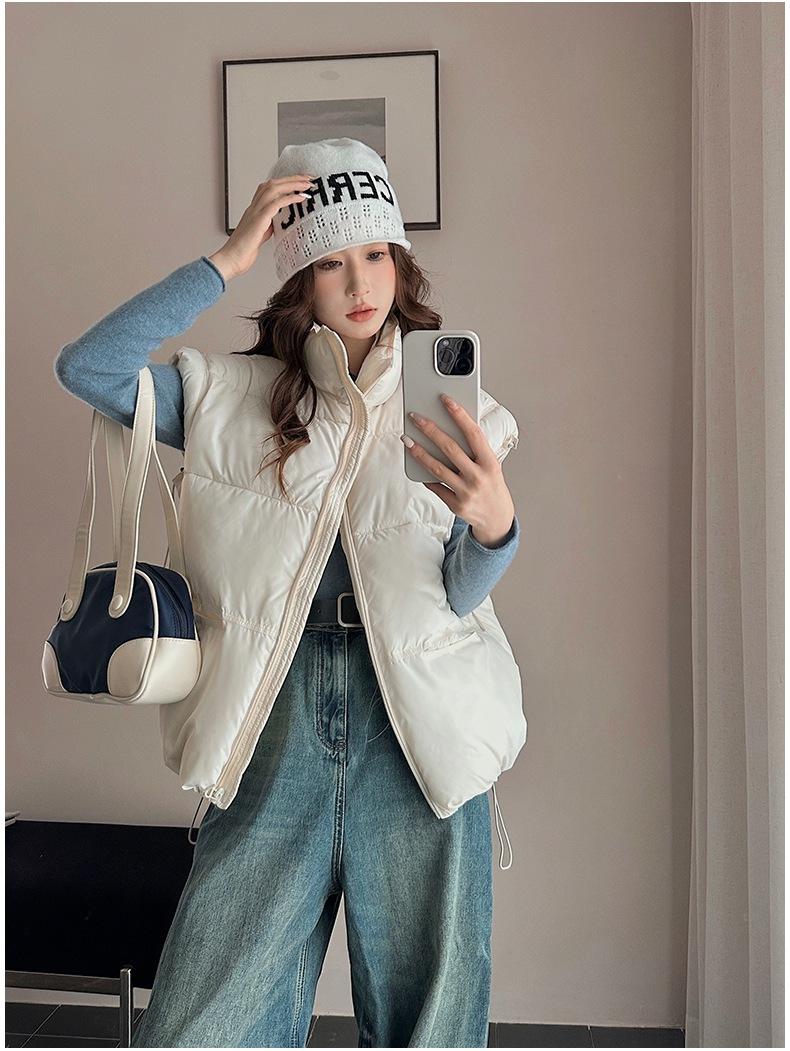 

New women s clothing solid color zipper pocket cotton clothes vest fashion stand-up collar temperament commuter jacket S белый