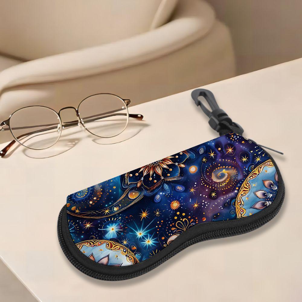2D-Celestial Mandala Print Zipper Sunglasses Case, Protective Eyewear Organizer Box, Vintage Floral Galaxy Pattern Glasses Holder for Women Travel