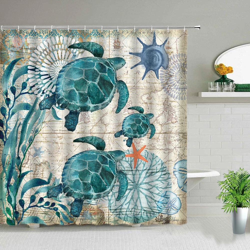 Cortinas de Chuveiro Peixe Tubarão Desenhos Coloridos Vida Marinha Banheiro Infantil Decoração de Casa Conjunto de Cortinas de Tecido Telas de Banho Impermeáveis