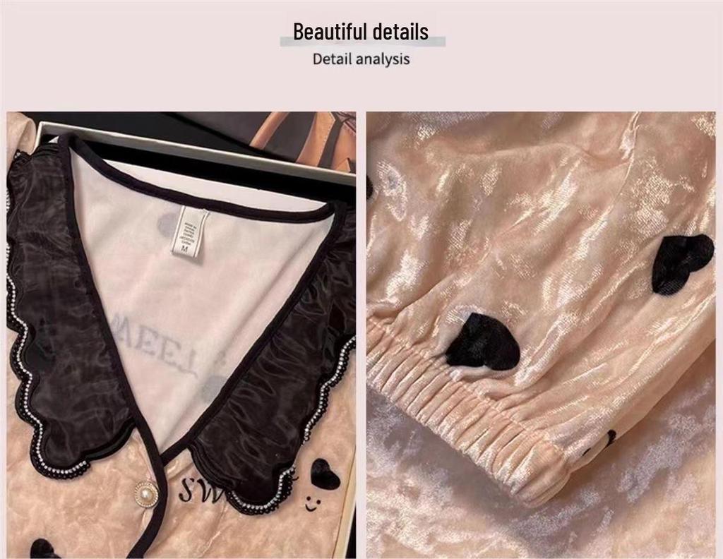 Set de pijama din catifea aurie pentru femei cu cupe pentru bust - Cardigan de lux cu mâneci lungi, costum din două piese pentru toamna/iarna 2024.