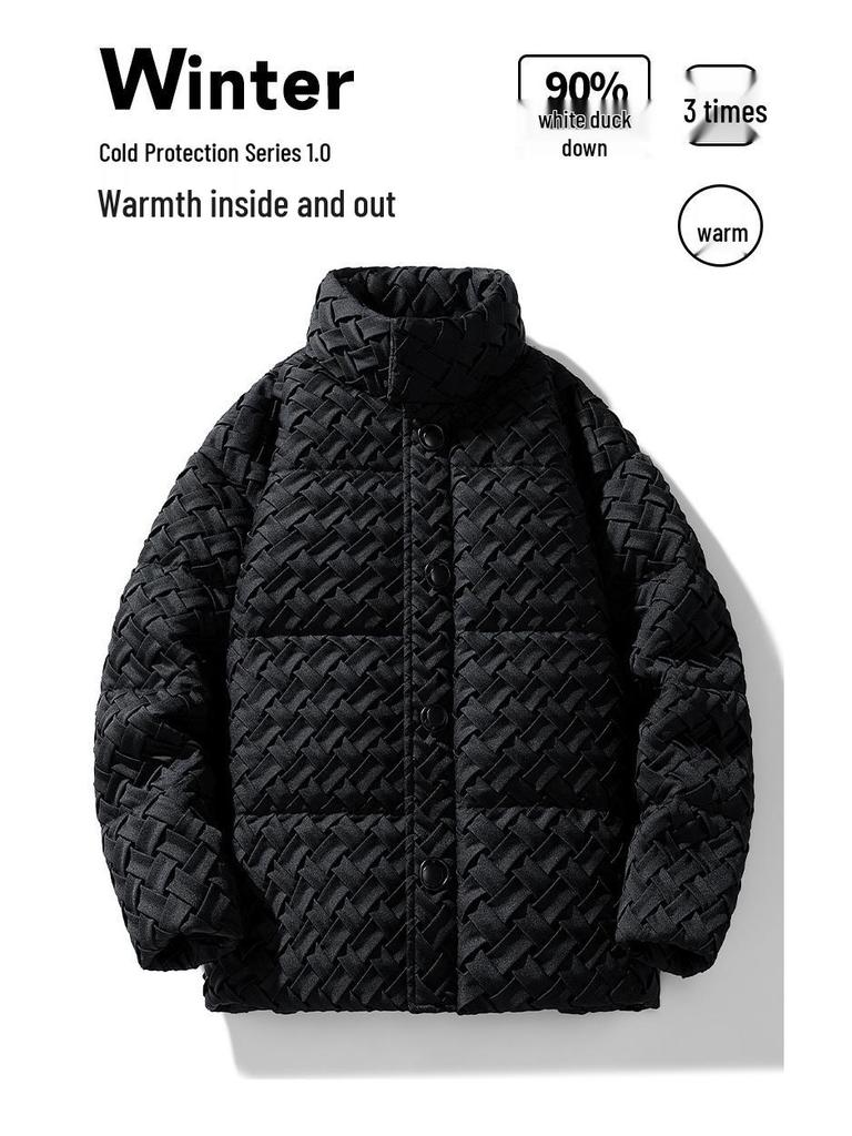Men's Guochao Woven Down Jacket: High-End Winter Streetwear with 90% White Duck Down, Cool Design for Couples.