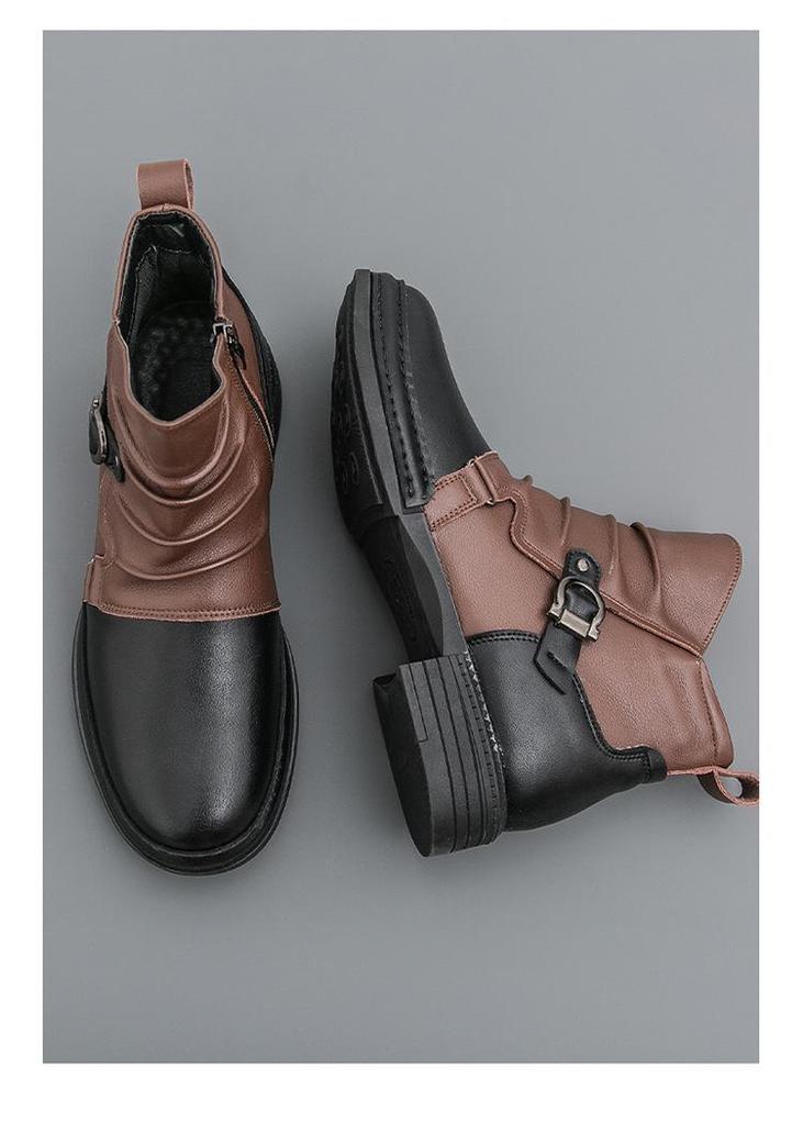 Men's Autumn Color Block Leather Ankle Boots - Plus Size, Thick Sole, British Style, Zipper High Tops, Formal & Casual.
