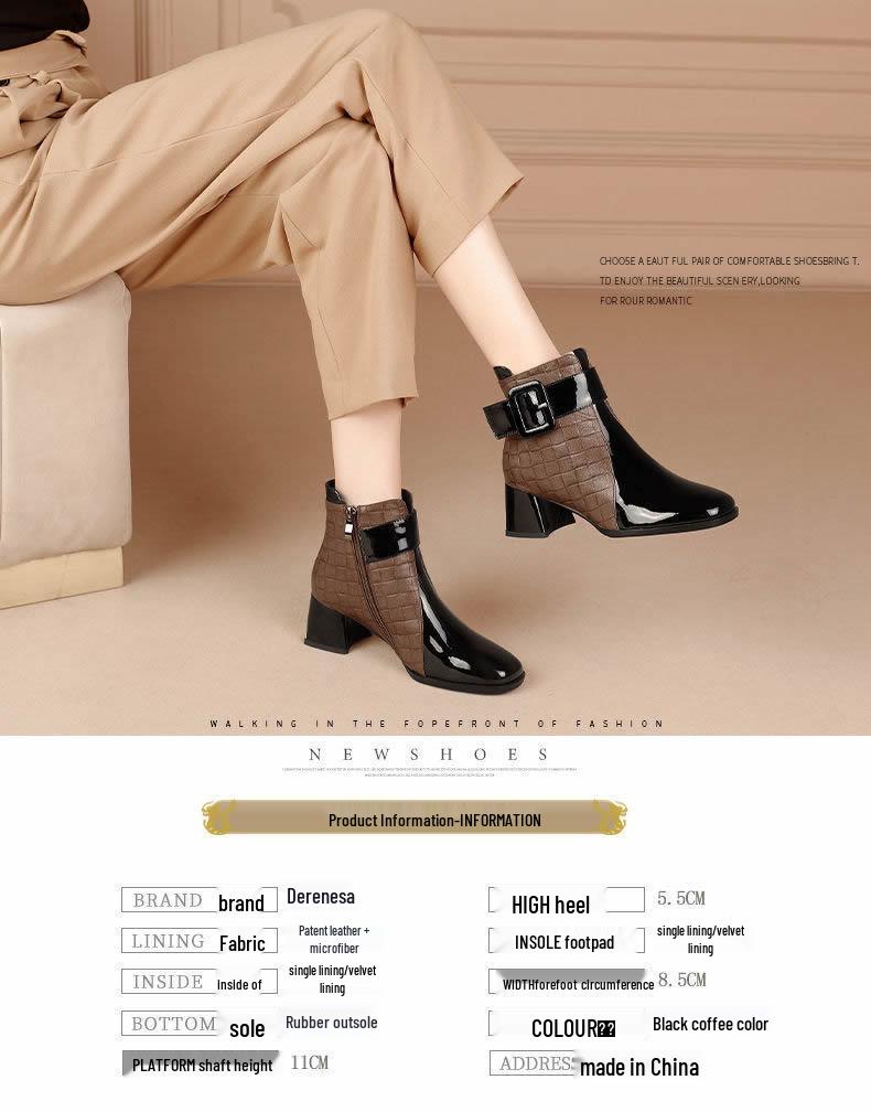 Women's 2025 Autumn/Winter British Style Fleece-Lined Square Toe Chunky High Heel Ankle Boots