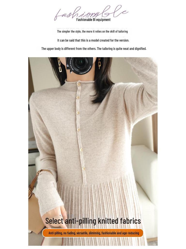 Robe Pull en Laine Coréenne pour Femme Automne/Hiver 2022, Couleur Unie, Col Semi-Montant, Longueur au-Dessus du Genou