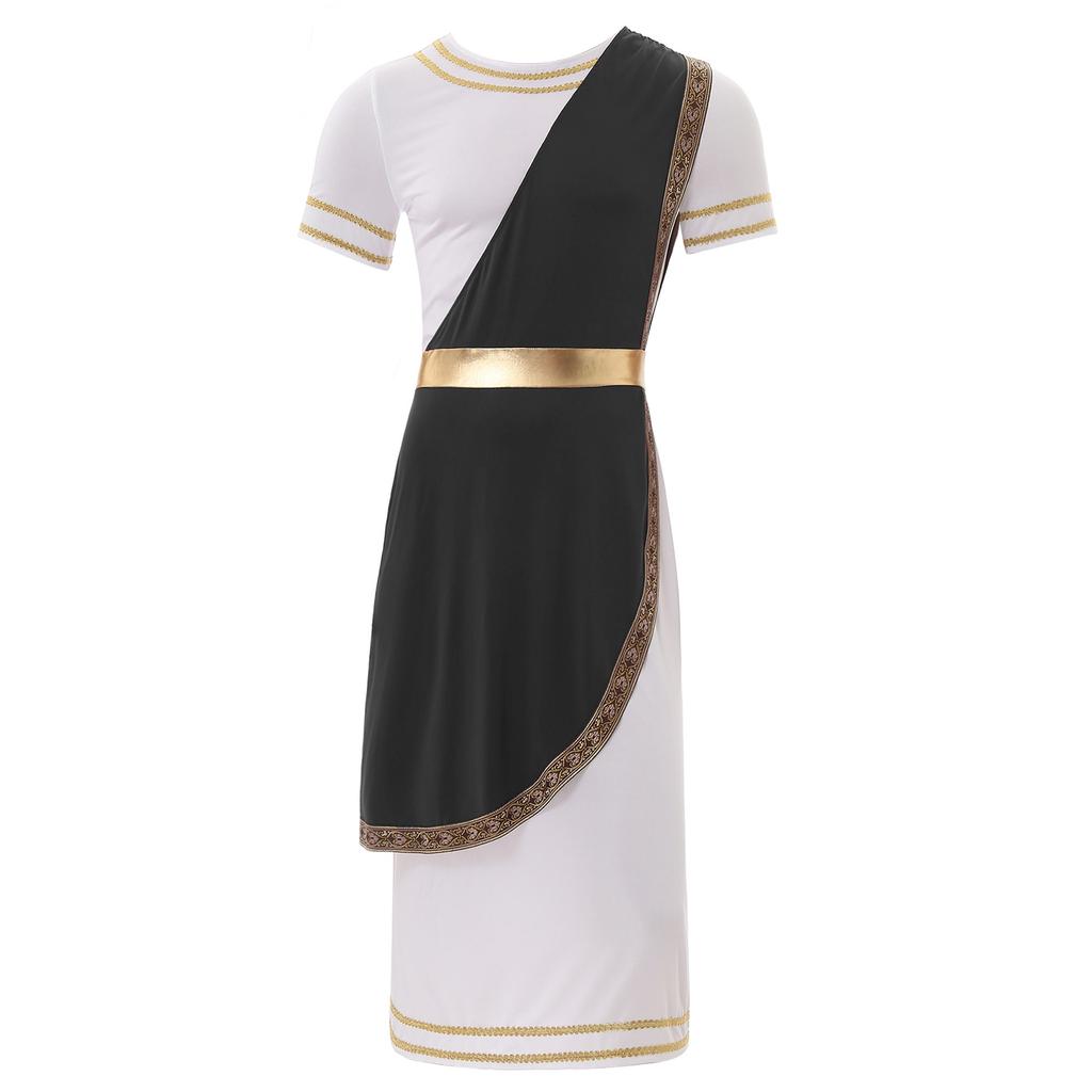 Mens Halloween Ancient Greek Toga Costume Short Sleeve Retro Gold Decoration Cosplay Roman Robe