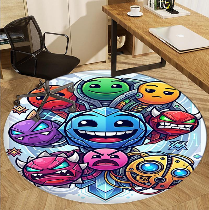 Geometry Dash Pattern Round Rug, Indoor/Outdoor Mat, for Picnic, Gameroom, Bedroom, Office, Living Room, Home Decor Carpet, Birthday Gift