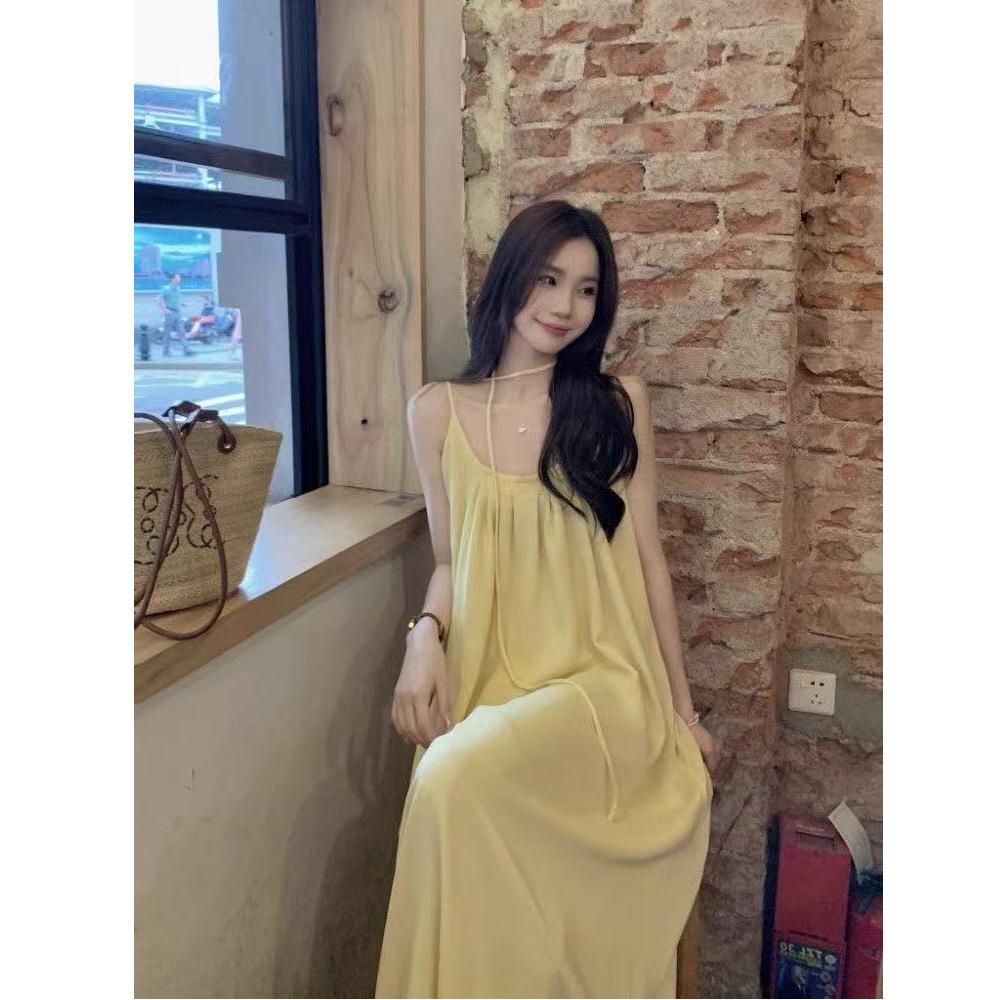 French Seaside Yellow Strappy Women's Long Summer Dress - Casual Beach Fairy Style