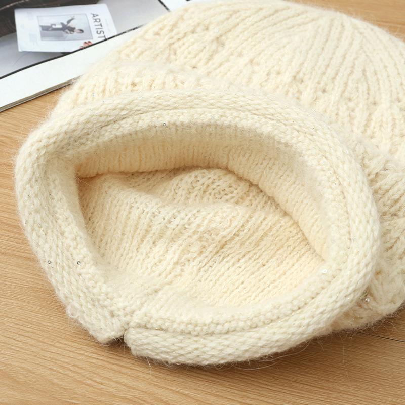 Women's Autumn and Winter Fashion Versatile Big Head Wing Rabbit Fur Warm Hat Korean Style Plus Velvet Thickened Windproof Knitted Wool Hat