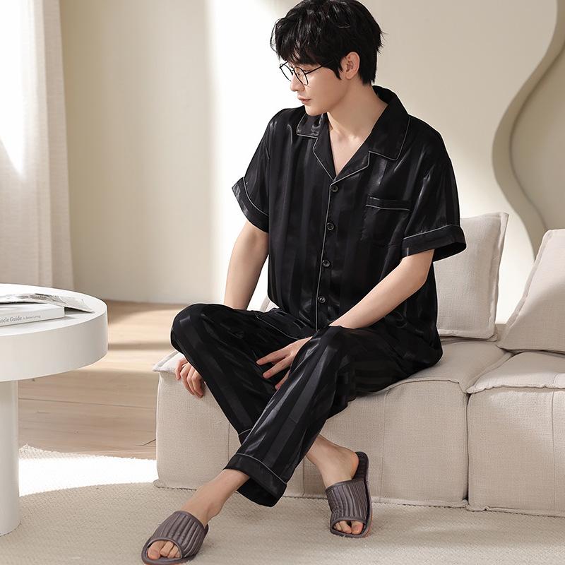 Couple Pajamas Women's Summer Ice Silk Thin Short-sleeved Trousers 1011 New Silk Men's Cardigan Loungewear Set