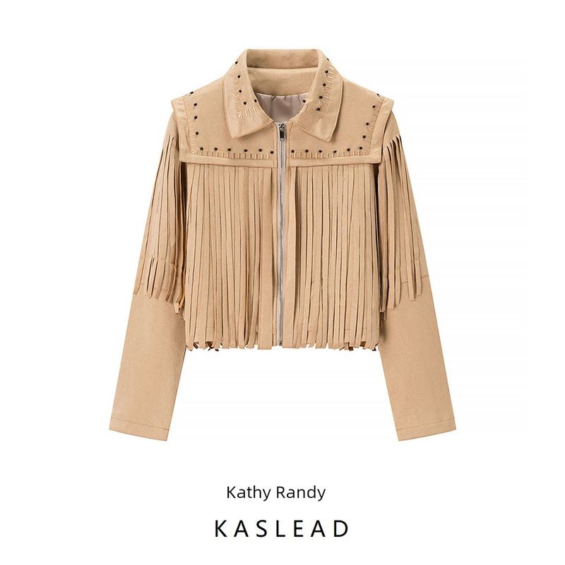 Kaslead New Women clothes Western Style Fashion Simple Tassel Leather Coat Imitated Chamois Pu Jacket