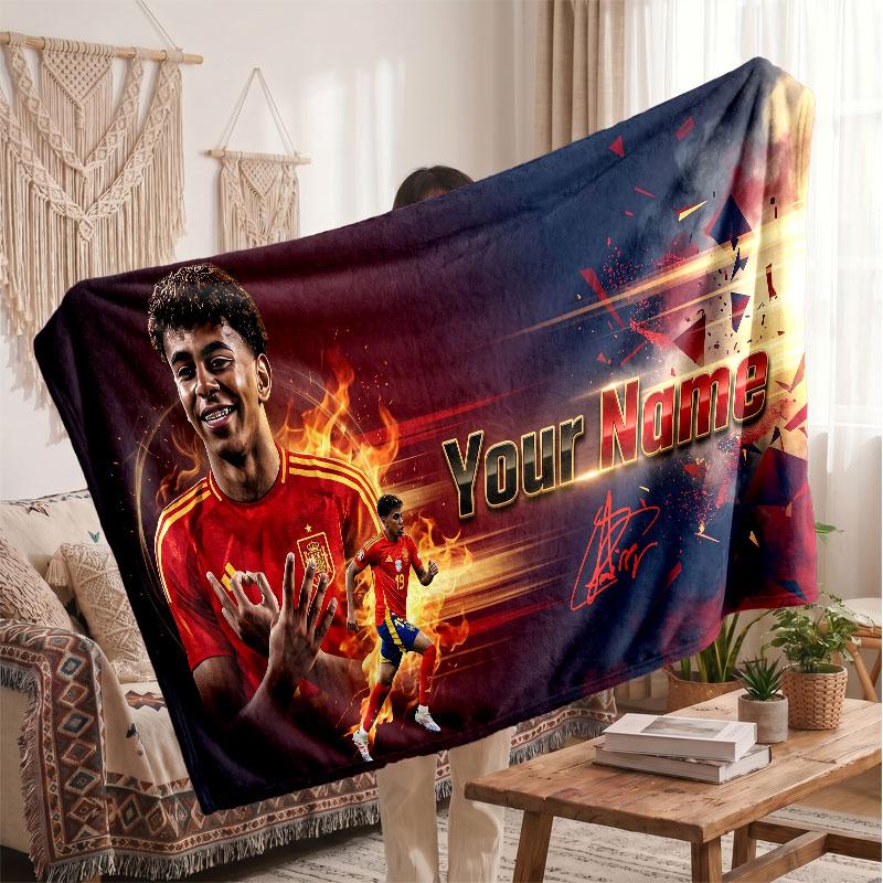 Lamine Yamal Personalized Fleece Blanket With Football Logo, Custom Name Text Soft Warm Home Throw Blanket