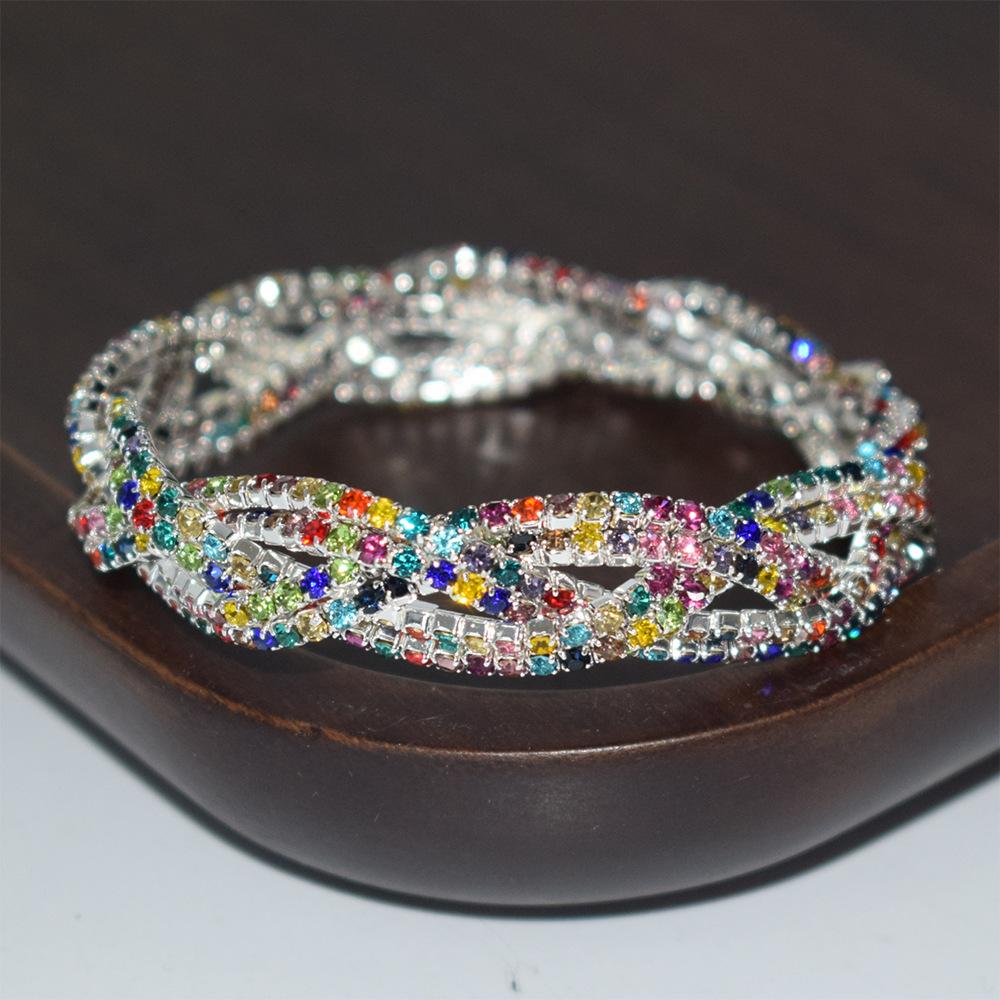 Modisches 6-Strang geflochtenes Strass-Stretch-Armband, 6-reihiges volles Kristall-Breitarmband, Gold Silber Statement-Handgelenkschmuck