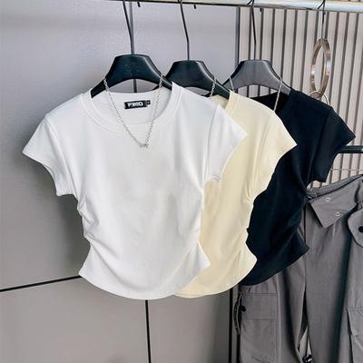 Threaded Front Shoulder Short-sleeved T-shirt Women's Summer New Fashionable and Thin Pleated Slim-fitting Short Bottoming Top