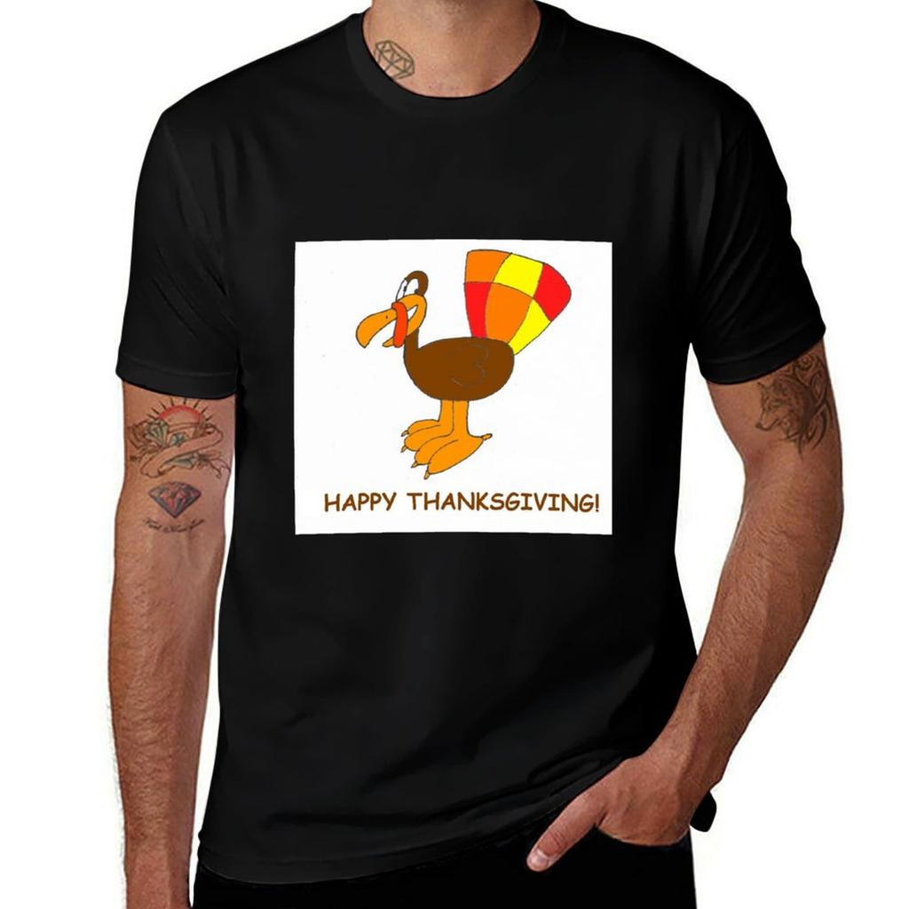Happy Turkey says Happy Thanksgiving T-Shirt Casual Basic Short Sleeve T-Shirt