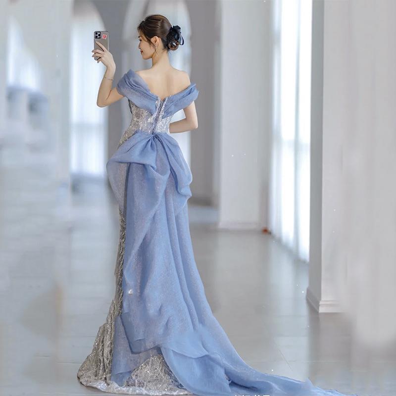 Light Blue Banquet Dress, Heavy Industry Bead Super Fairy Light Luxury Fishtail Skirt, Toast Dress, Annual Meeting One-word Shoulder Catwalk Dress